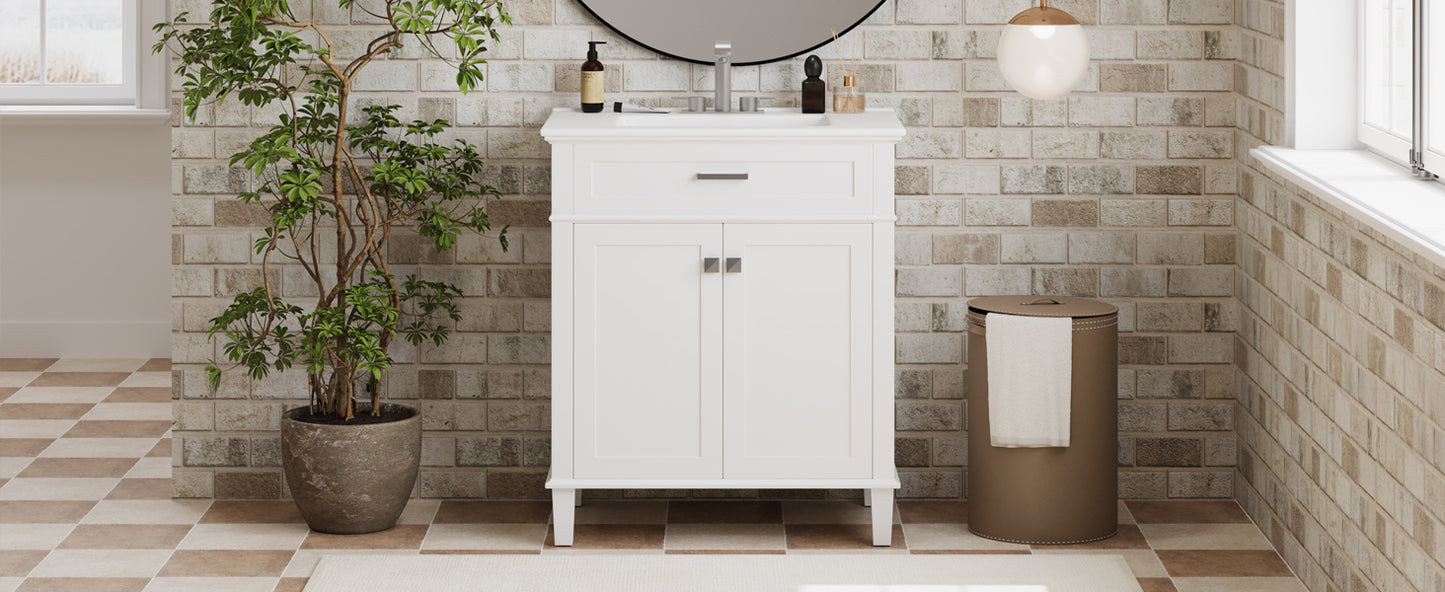 VanityFus 30-in White Bathroom Vanity Single Sink Combo Ceramic Top 2 Soft-Close Doors Adjustable shelves
