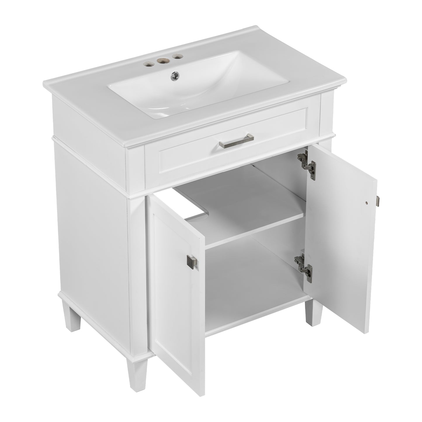 VanityFus 30-in White Bathroom Vanity Single Sink Combo Ceramic Top 2 Soft-Close Doors Adjustable shelves