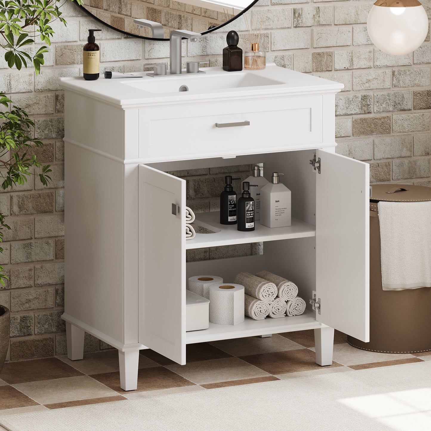 VanityFus 30-in White Bathroom Vanity Single Sink Combo Ceramic Top 2 Soft-Close Doors Adjustable shelves