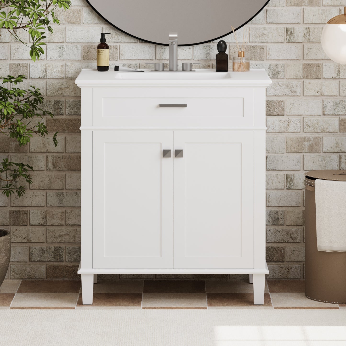 VanityFus 30-in White Bathroom Vanity Single Sink Combo Ceramic Top 2 Soft-Close Doors Adjustable shelves