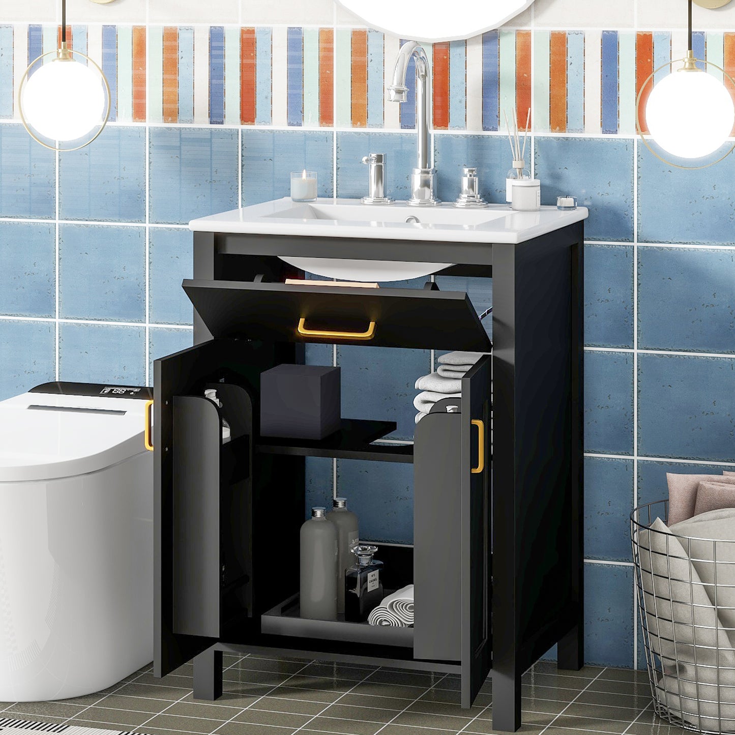 VanityFus 24.2-in Black Bathroom Vanity White Single Sink Combo With Ceramic Top 2 Soft-Close Doors 1 drawer
