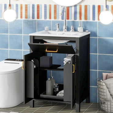 VanityFus 24.2-in Black Bathroom Vanity White Single Sink Combo With Ceramic Top 2 Soft-Close Doors 1 drawer