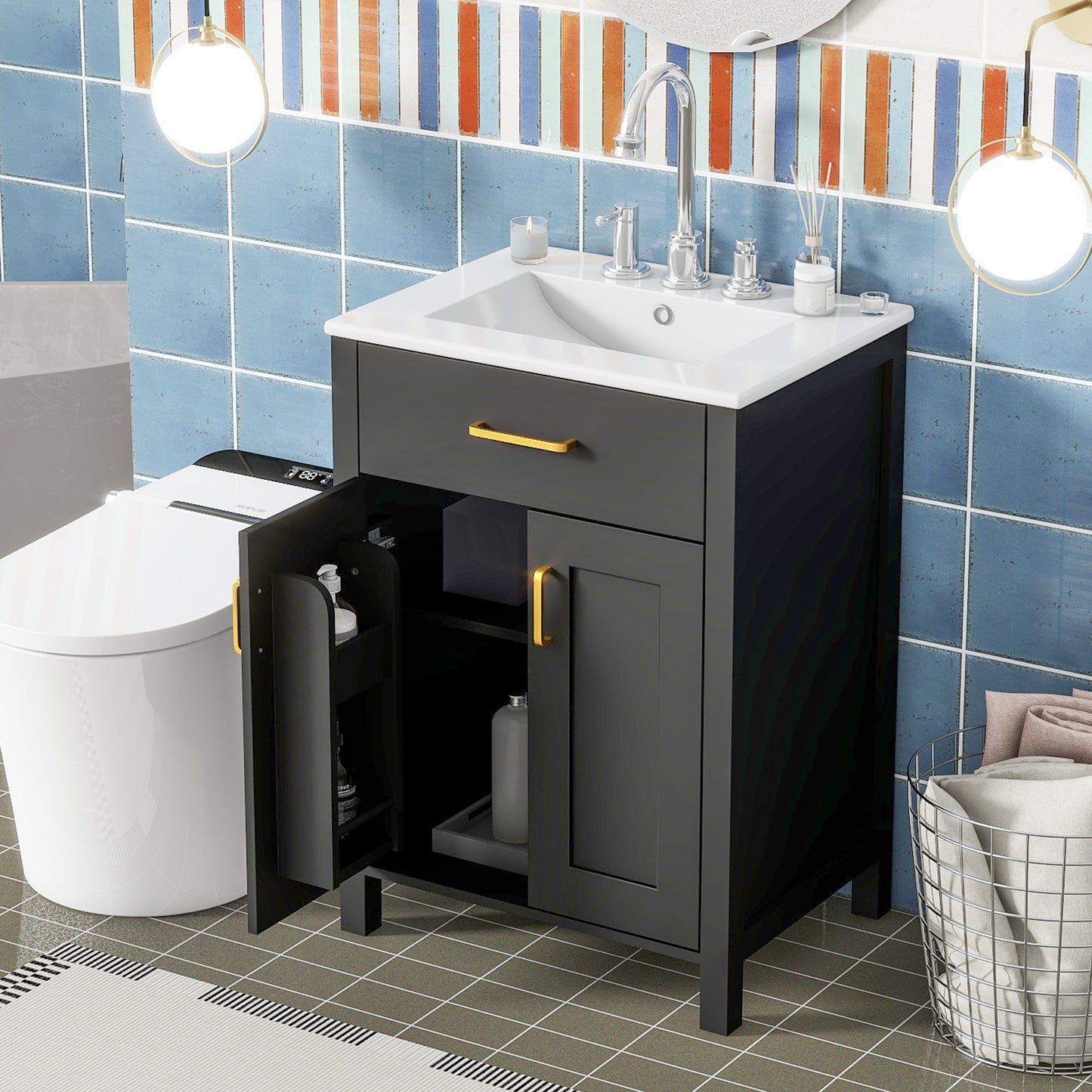 VanityFus 24.2-in Black Bathroom Vanity White Single Sink Combo With Ceramic Top 2 Soft-Close Doors 1 drawer