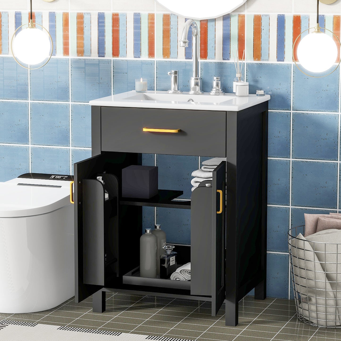 VanityFus 24.2-in Black Bathroom Vanity White Single Sink Combo With Ceramic Top 2 Soft-Close Doors 1 drawer