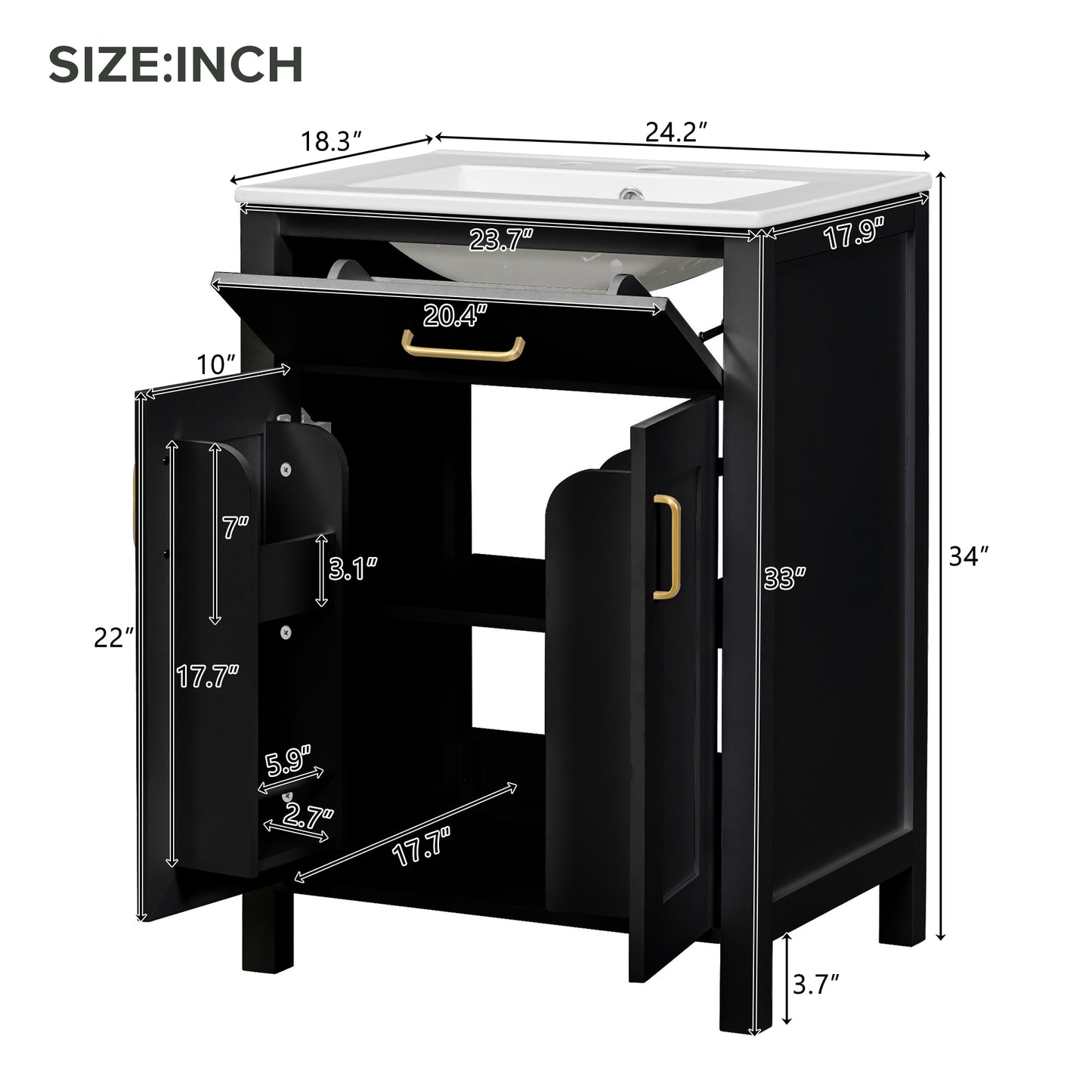 VanityFus 24.2-in Black Bathroom Vanity White Single Sink Combo With Ceramic Top 2 Soft-Close Doors 1 drawer