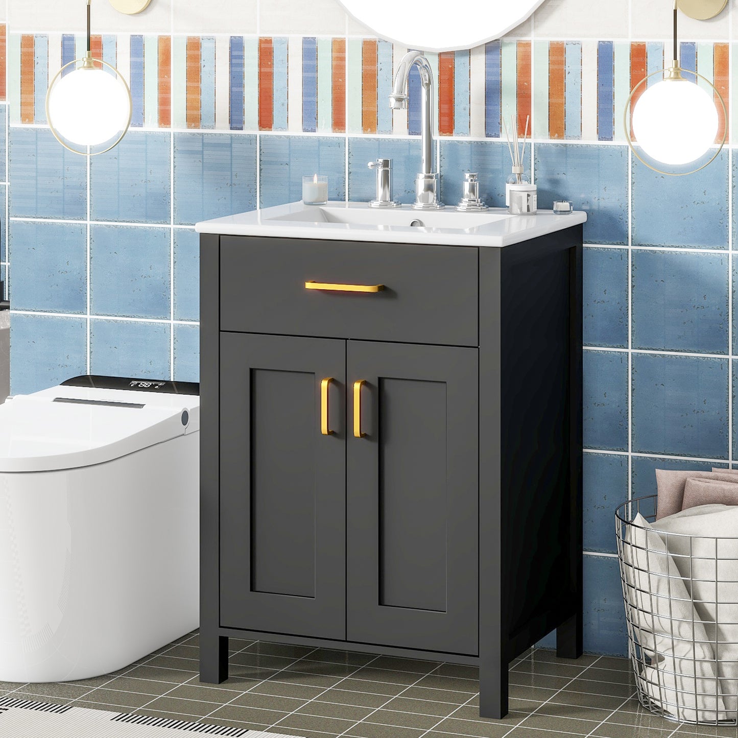 VanityFus 24.2-in Black Bathroom Vanity White Single Sink Combo With Ceramic Top 2 Soft-Close Doors 1 drawer