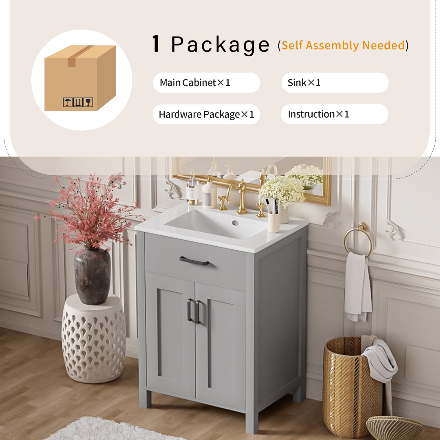VanityFus 24.2-in Gray Bathroom Vanity White Single Sink Combo With Ceramic Top 2 Soft-Close Doors 1 drawer
