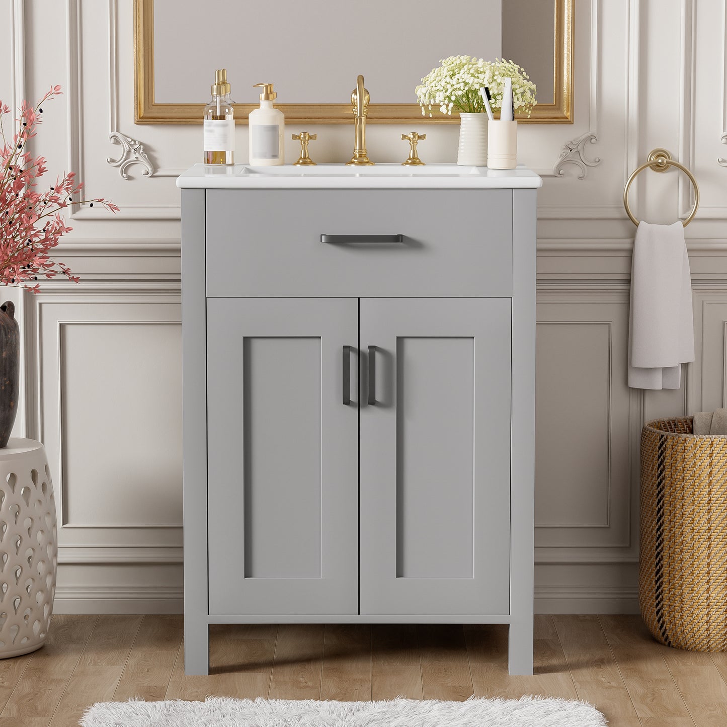 VanityFus 24.2-in Gray Bathroom Vanity White Single Sink Combo With Ceramic Top 2 Soft-Close Doors 1 drawer