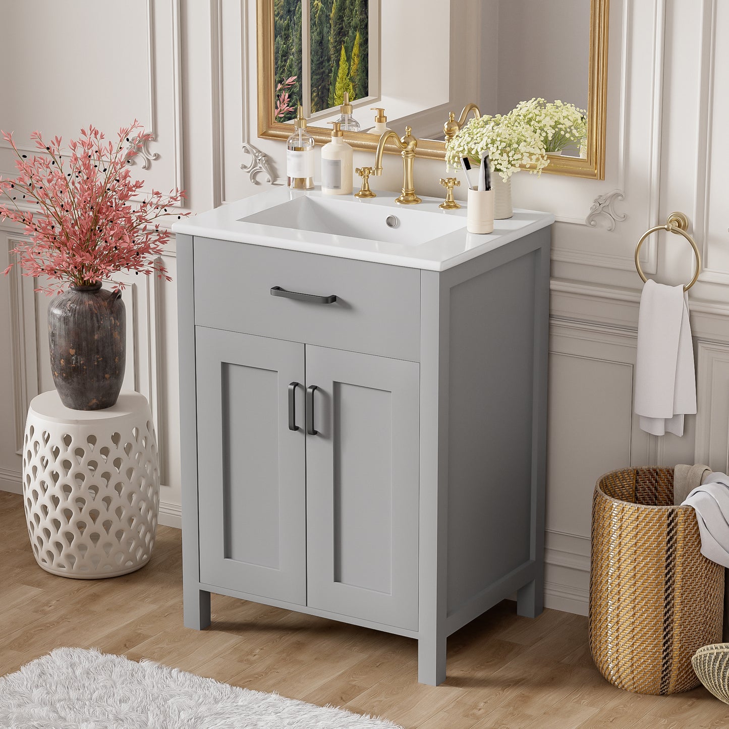 VanityFus 24.2-in Gray Bathroom Vanity White Single Sink Combo With Ceramic Top 2 Soft-Close Doors 1 drawer
