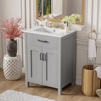 VanityFus 24.2-in Gray Bathroom Vanity White Single Sink Combo With Ceramic Top 2 Soft-Close Doors 1 drawer
