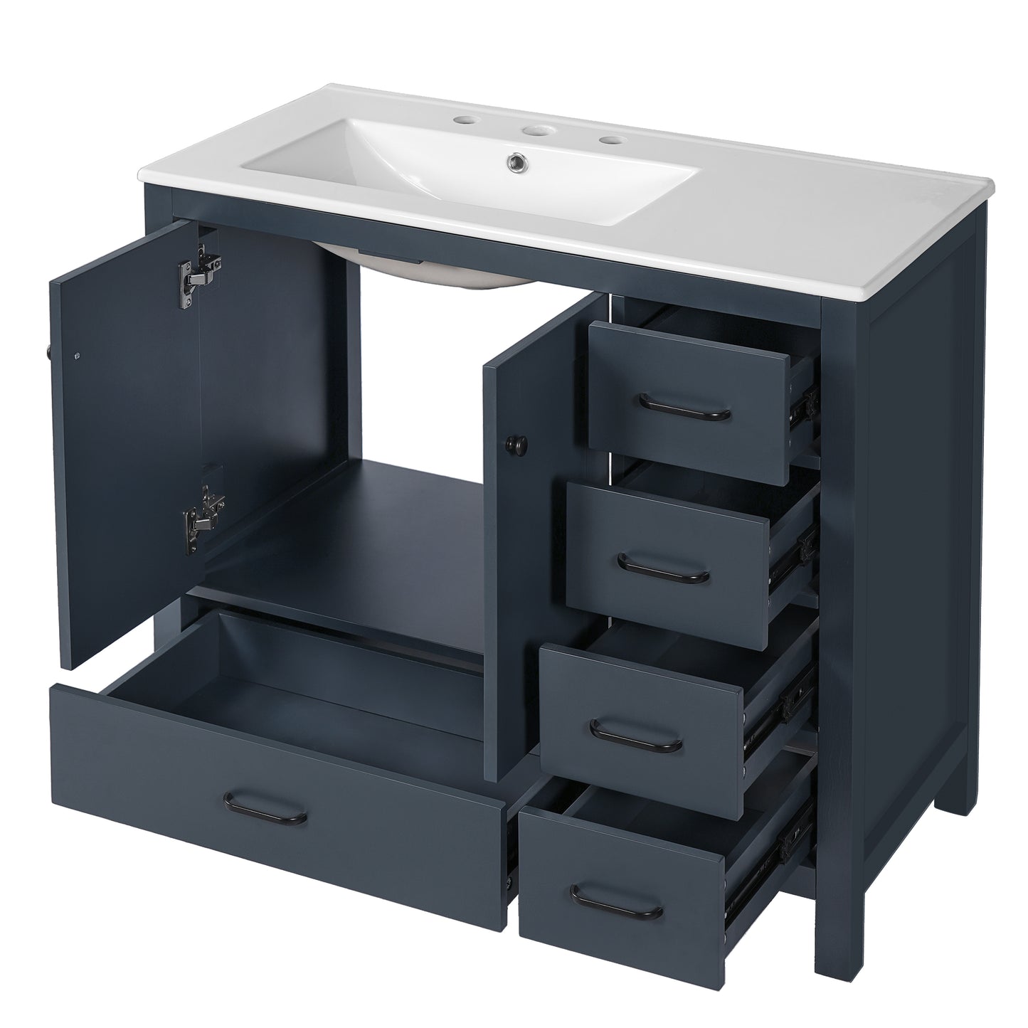 VanityFus 36-in Blue Bathroom Vanity White Single Sink Combo with Ceramic Top 2 Soft close doors 5 drawers