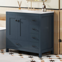 VanityFus 36-in Blue Bathroom Vanity White Single Sink Combo with Ceramic Top 2 Soft close doors 5 drawers