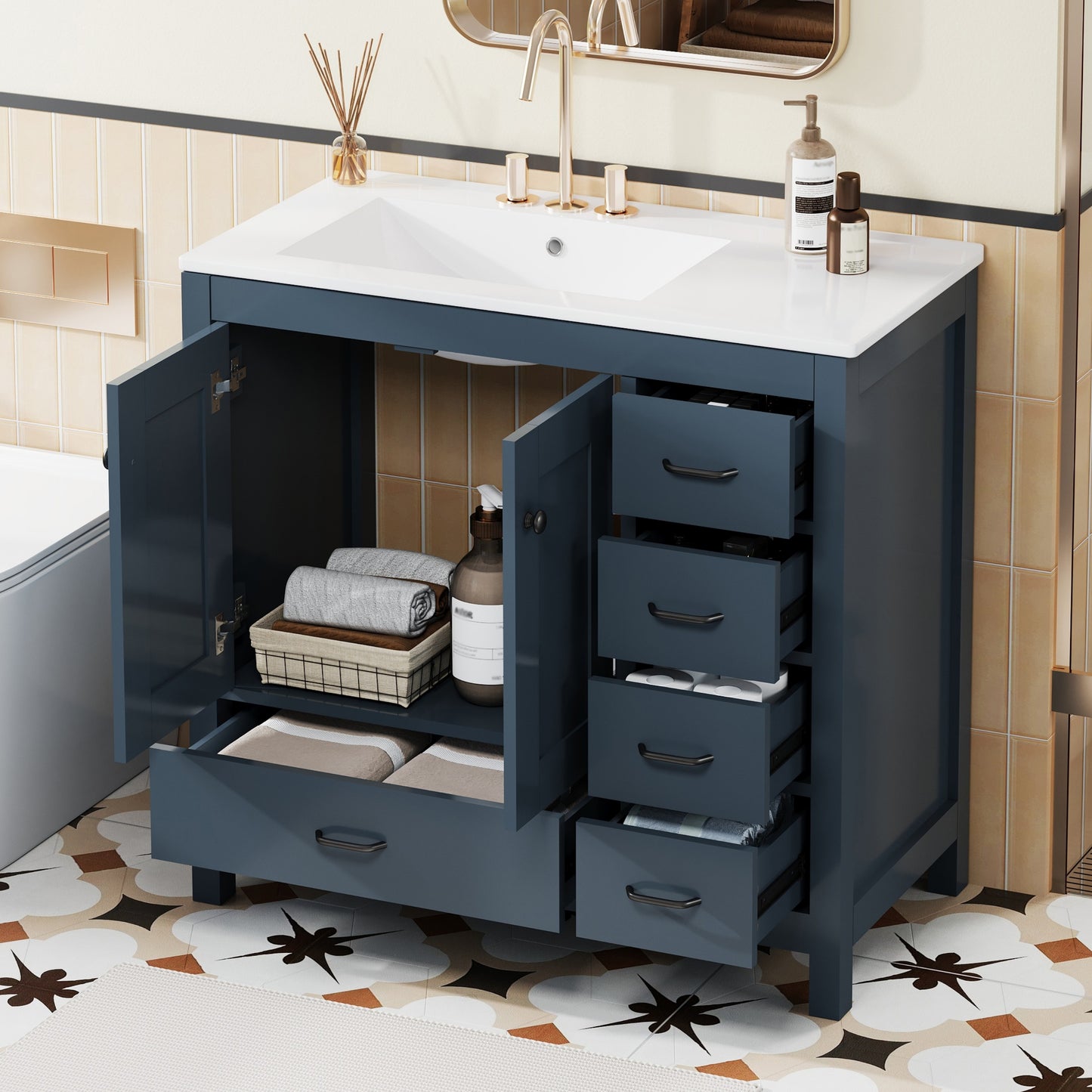 VanityFus 36-in Blue Bathroom Vanity White Single Sink Combo with Ceramic Top 2 Soft close doors 5 drawers