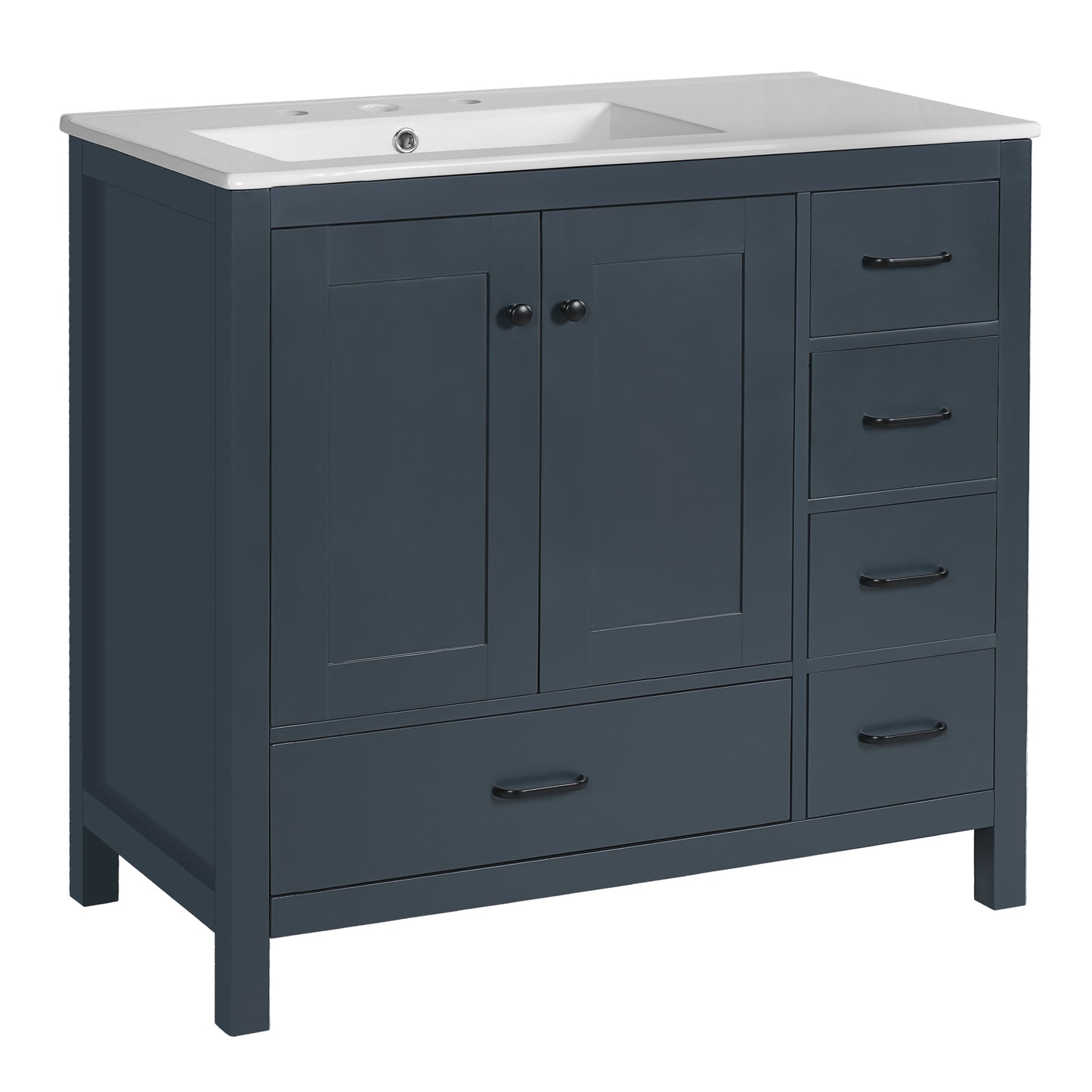 VanityFus 36-in Blue Bathroom Vanity White Single Sink Combo with Ceramic Top 2 Soft close doors 5 drawers