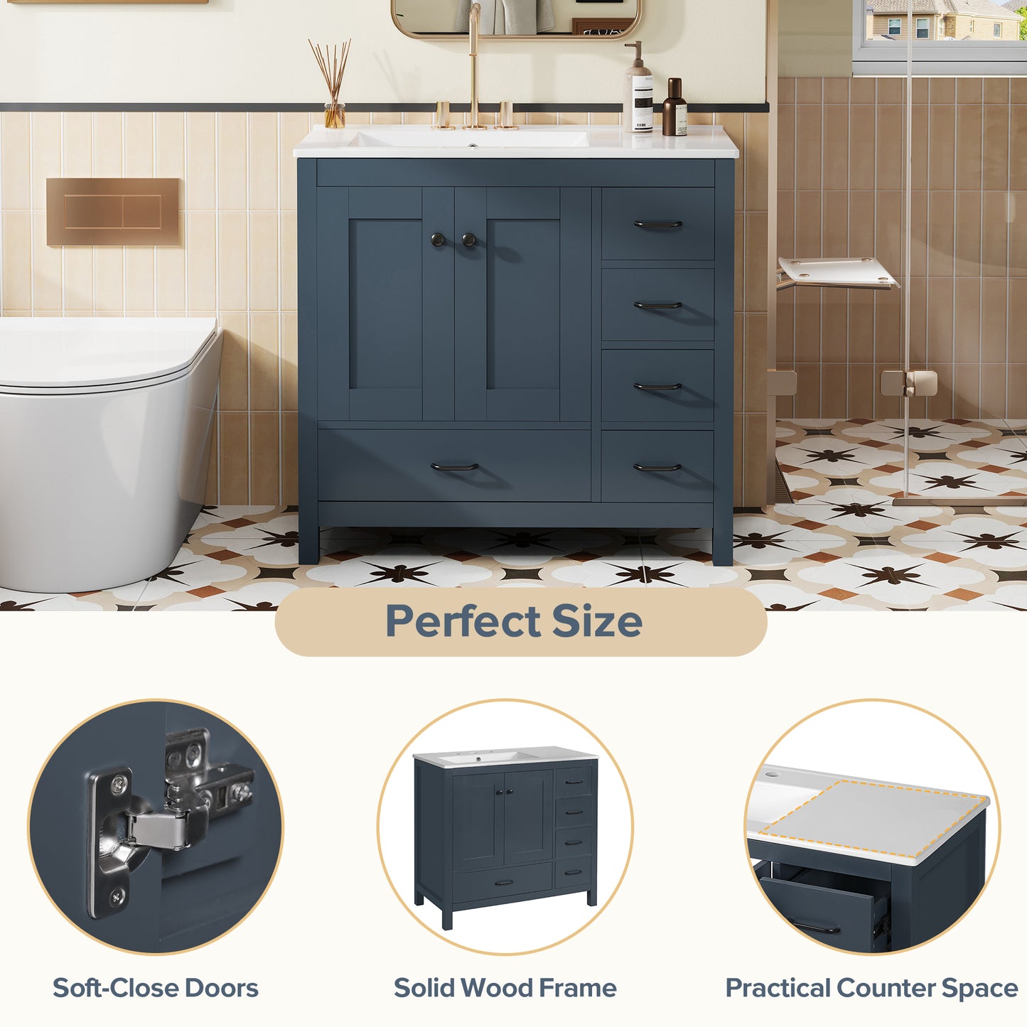 VanityFus 36-in Blue Bathroom Vanity White Single Sink Combo with Ceramic Top 2 Soft close doors 5 drawers