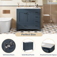 VanityFus 36-in Blue Bathroom Vanity White Single Sink Combo with Ceramic Top 2 Soft close doors 5 drawers