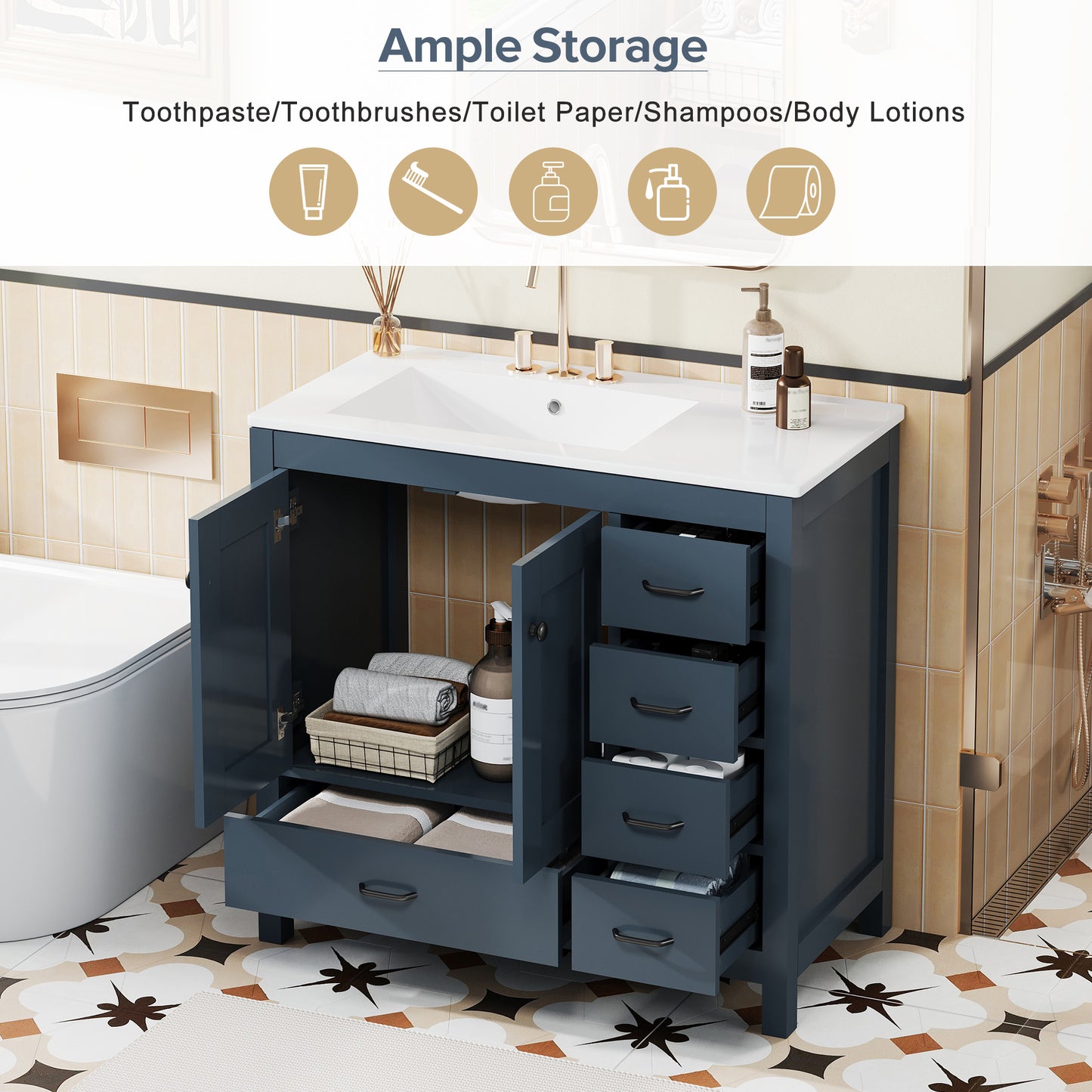 VanityFus 36-in Blue Bathroom Vanity White Single Sink Combo with Ceramic Top 2 Soft close doors 5 drawers