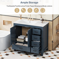 VanityFus 36-in Blue Bathroom Vanity White Single Sink Combo with Ceramic Top 2 Soft close doors 5 drawers