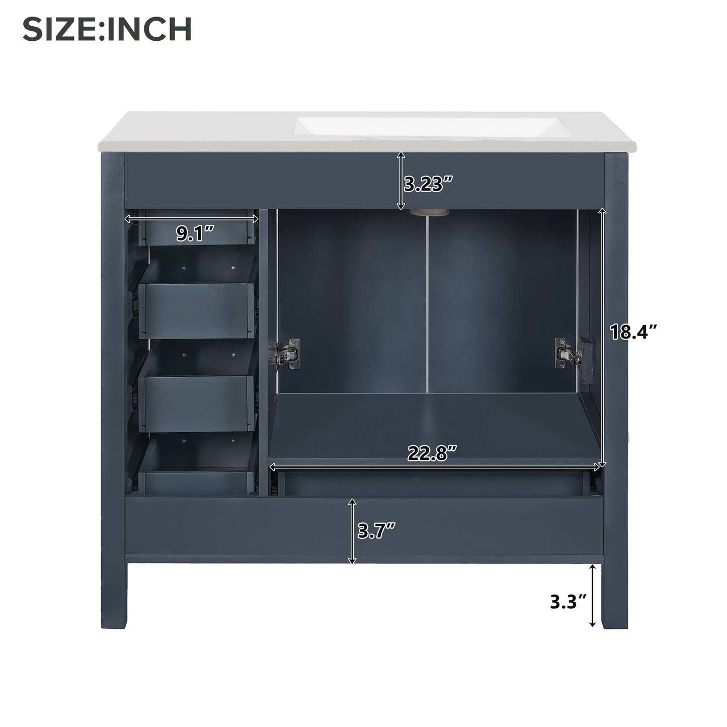 VanityFus 36-in Blue Bathroom Vanity White Single Sink Combo with Ceramic Top 2 Soft close doors 5 drawers