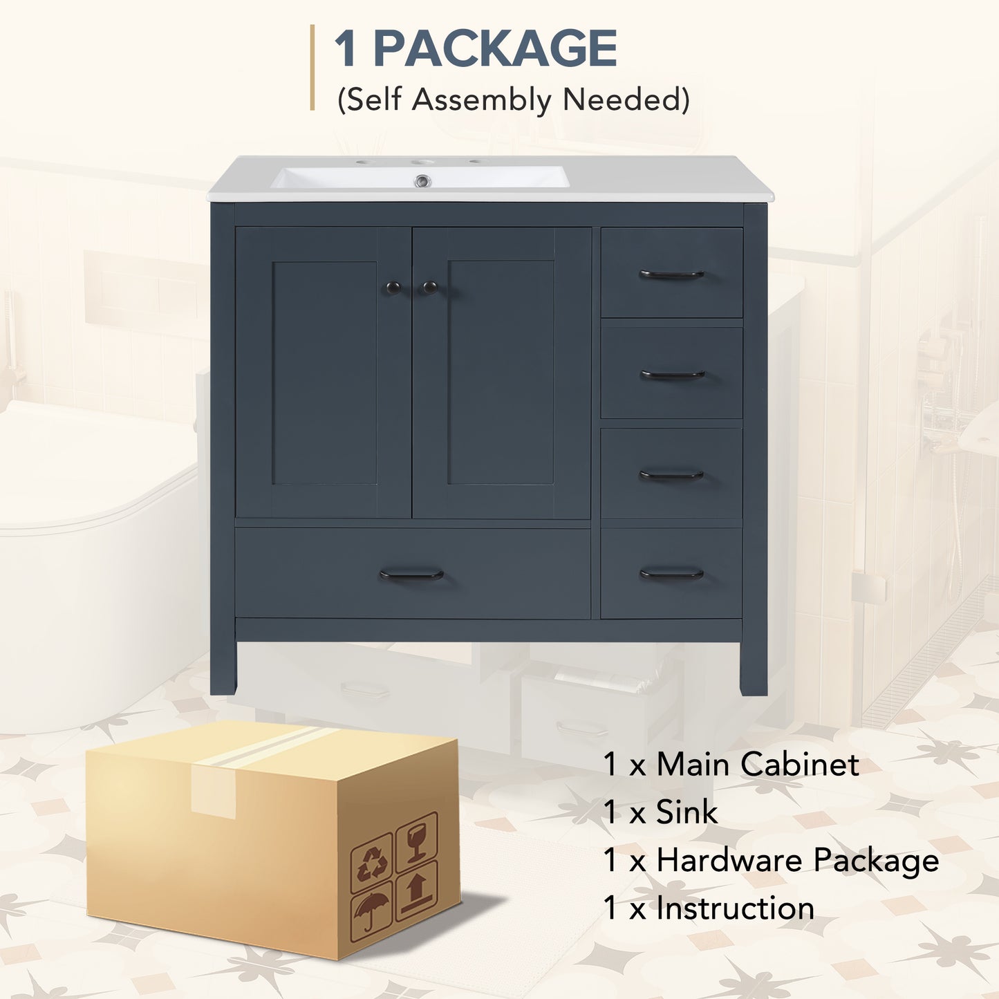 VanityFus 36-in Blue Bathroom Vanity White Single Sink Combo with Ceramic Top 2 Soft close doors 5 drawers