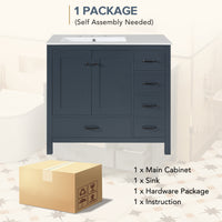 VanityFus 36-in Blue Bathroom Vanity White Single Sink Combo with Ceramic Top 2 Soft close doors 5 drawers