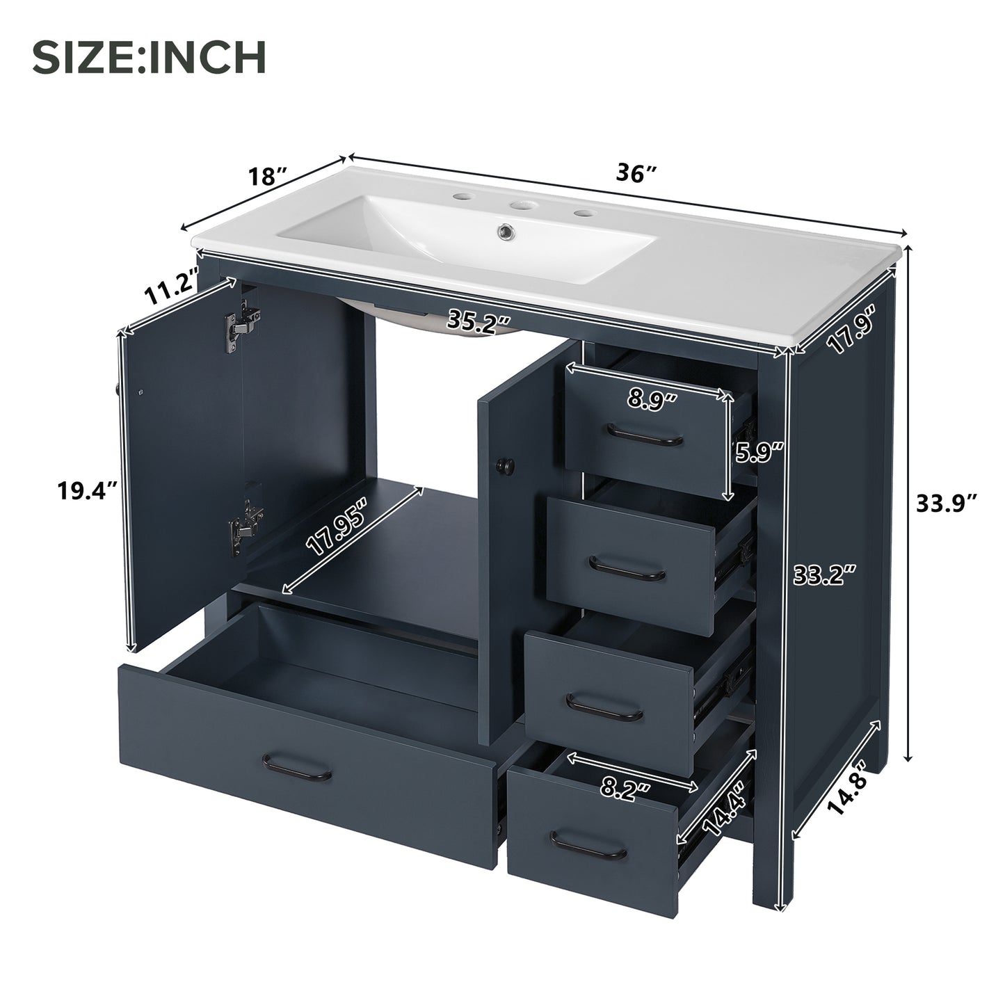 VanityFus 36-in Blue Bathroom Vanity White Single Sink Combo with Ceramic Top 2 Soft close doors 5 drawers