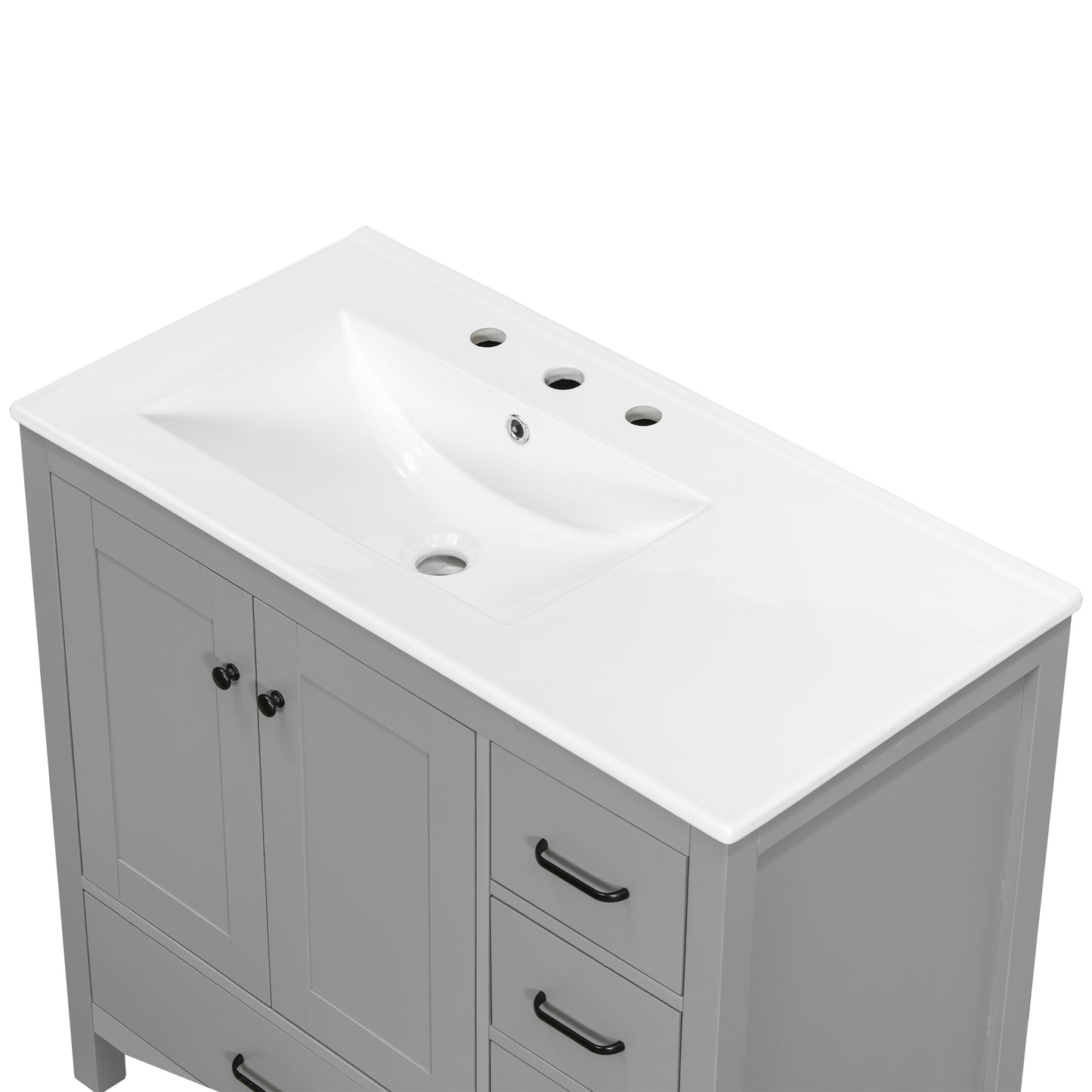 VanityFus 36-in Gray Bathroom Vanity White Single Sink Combo with Ceramic Top 2 Soft close doors 5 drawers