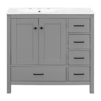 VanityFus 36-in Gray Bathroom Vanity White Single Sink Combo with Ceramic Top 2 Soft close doors 5 drawers