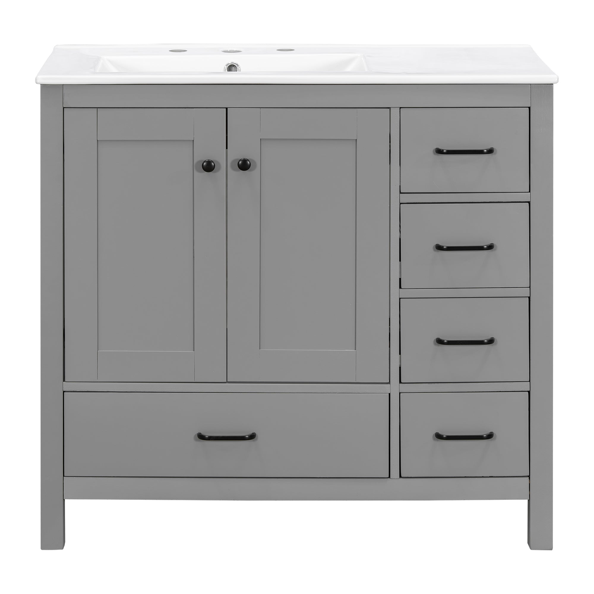 VanityFus 36-in Gray Bathroom Vanity White Single Sink Combo with Ceramic Top 2 Soft close doors 5 drawers