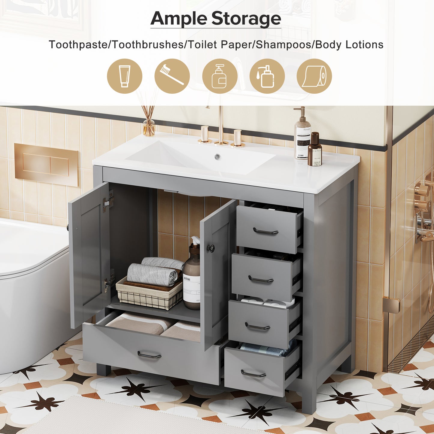 VanityFus 36-in Gray Bathroom Vanity White Single Sink Combo with Ceramic Top 2 Soft close doors 5 drawers
