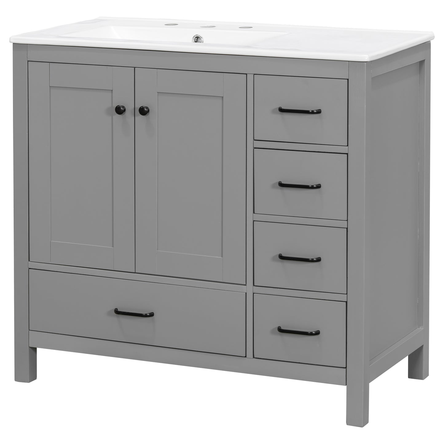 VanityFus 36-in Gray Bathroom Vanity White Single Sink Combo with Ceramic Top 2 Soft close doors 5 drawers