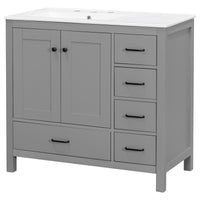 VanityFus 36-in Gray Bathroom Vanity White Single Sink Combo with Ceramic Top 2 Soft close doors 5 drawers