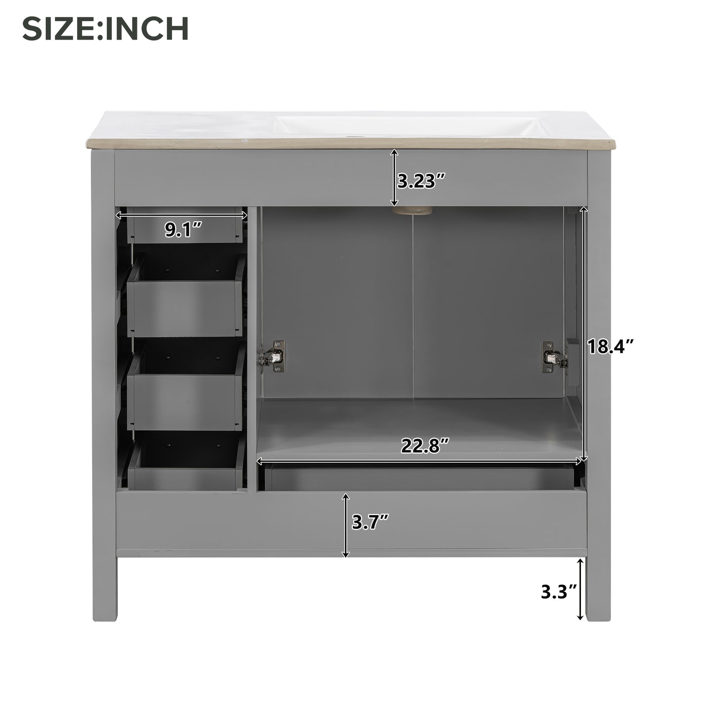 VanityFus 36-in Gray Bathroom Vanity White Single Sink Combo with Ceramic Top 2 Soft close doors 5 drawers