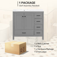 VanityFus 36-in Gray Bathroom Vanity White Single Sink Combo with Ceramic Top 2 Soft close doors 5 drawers