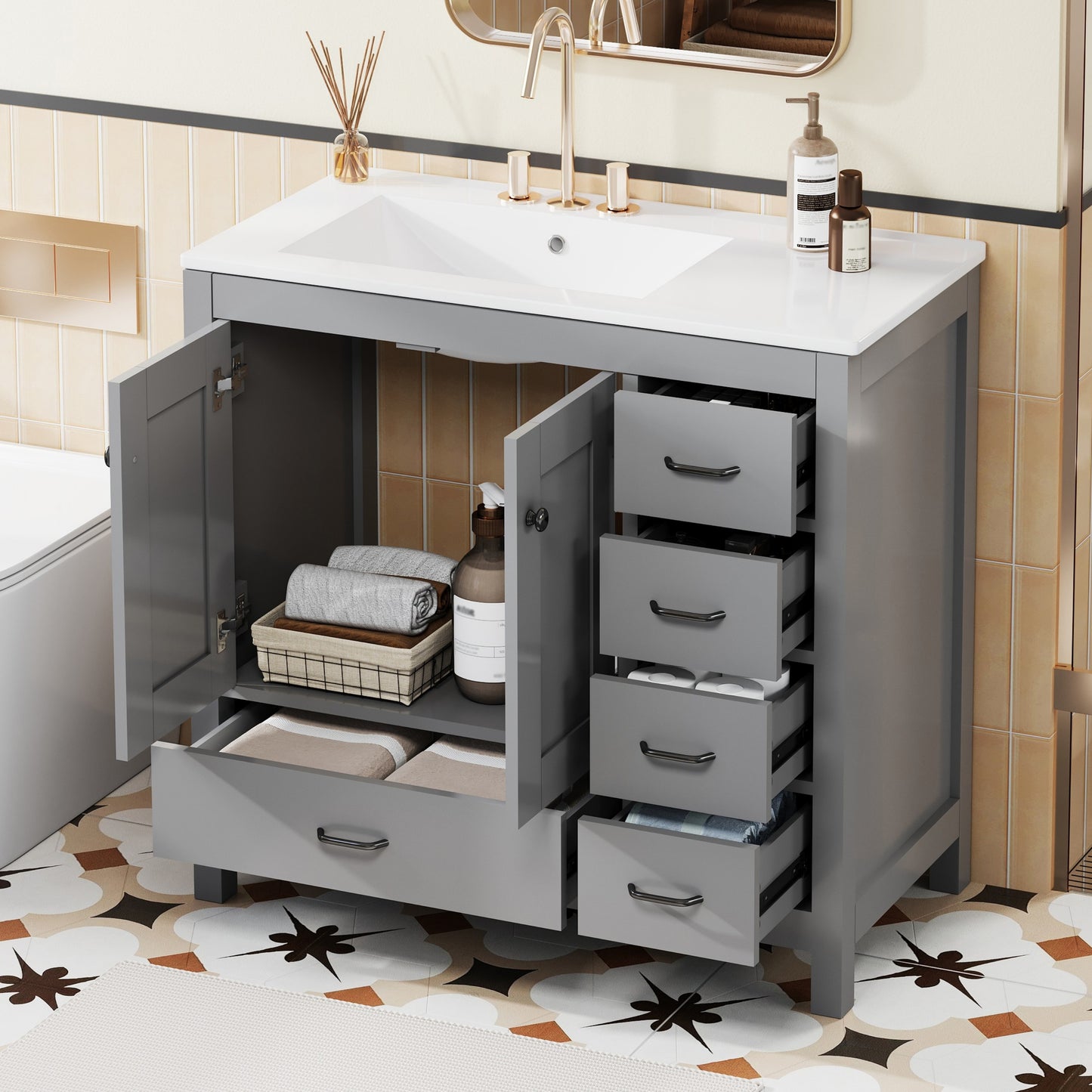 VanityFus 36-in Gray Bathroom Vanity White Single Sink Combo with Ceramic Top 2 Soft close doors 5 drawers