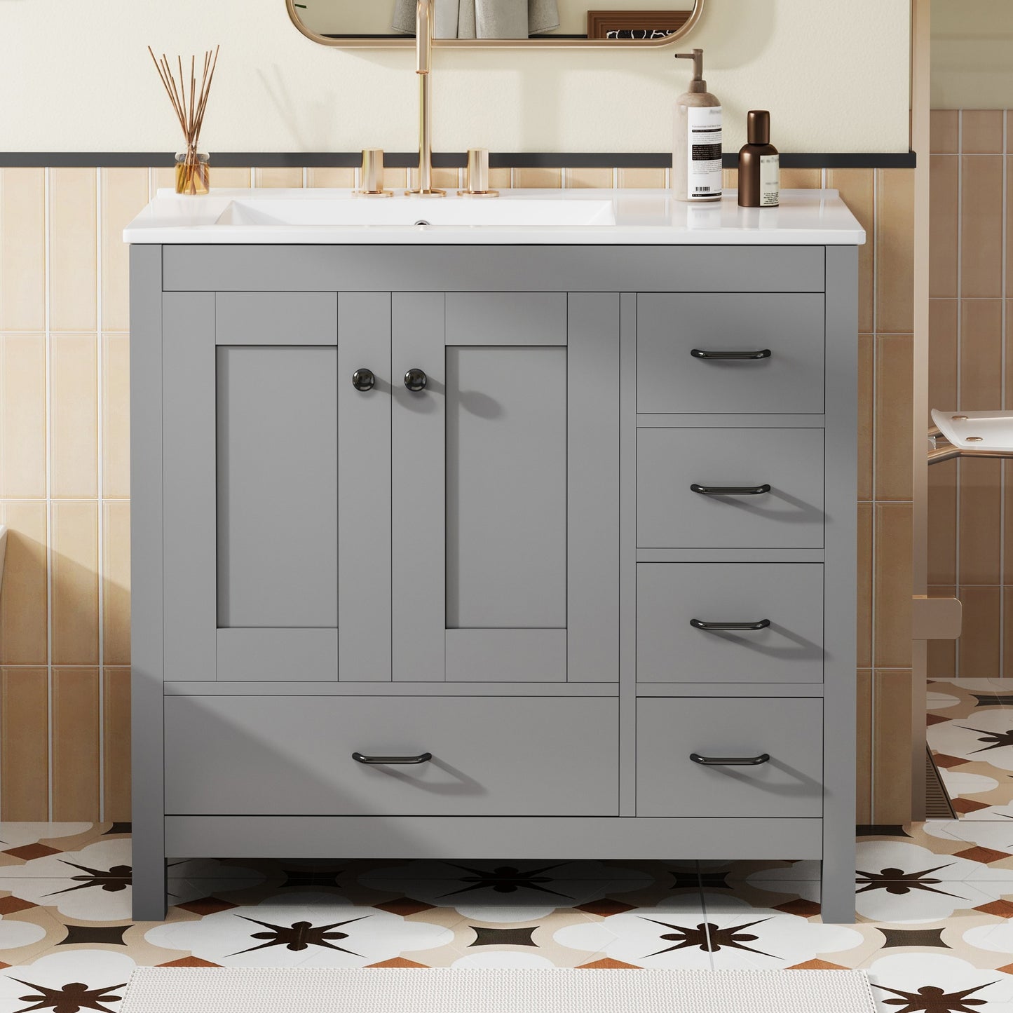 VanityFus 36-in Gray Bathroom Vanity White Single Sink Combo with Ceramic Top 2 Soft close doors 5 drawers