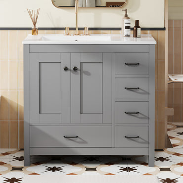 VanityFus 36-in Gray Bathroom Vanity White Single Sink Combo with Ceramic Top 2 Soft close doors 5 drawers