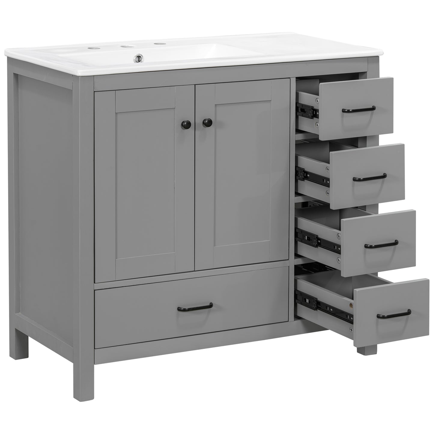 VanityFus 36-in Gray Bathroom Vanity White Single Sink Combo with Ceramic Top 2 Soft close doors 5 drawers