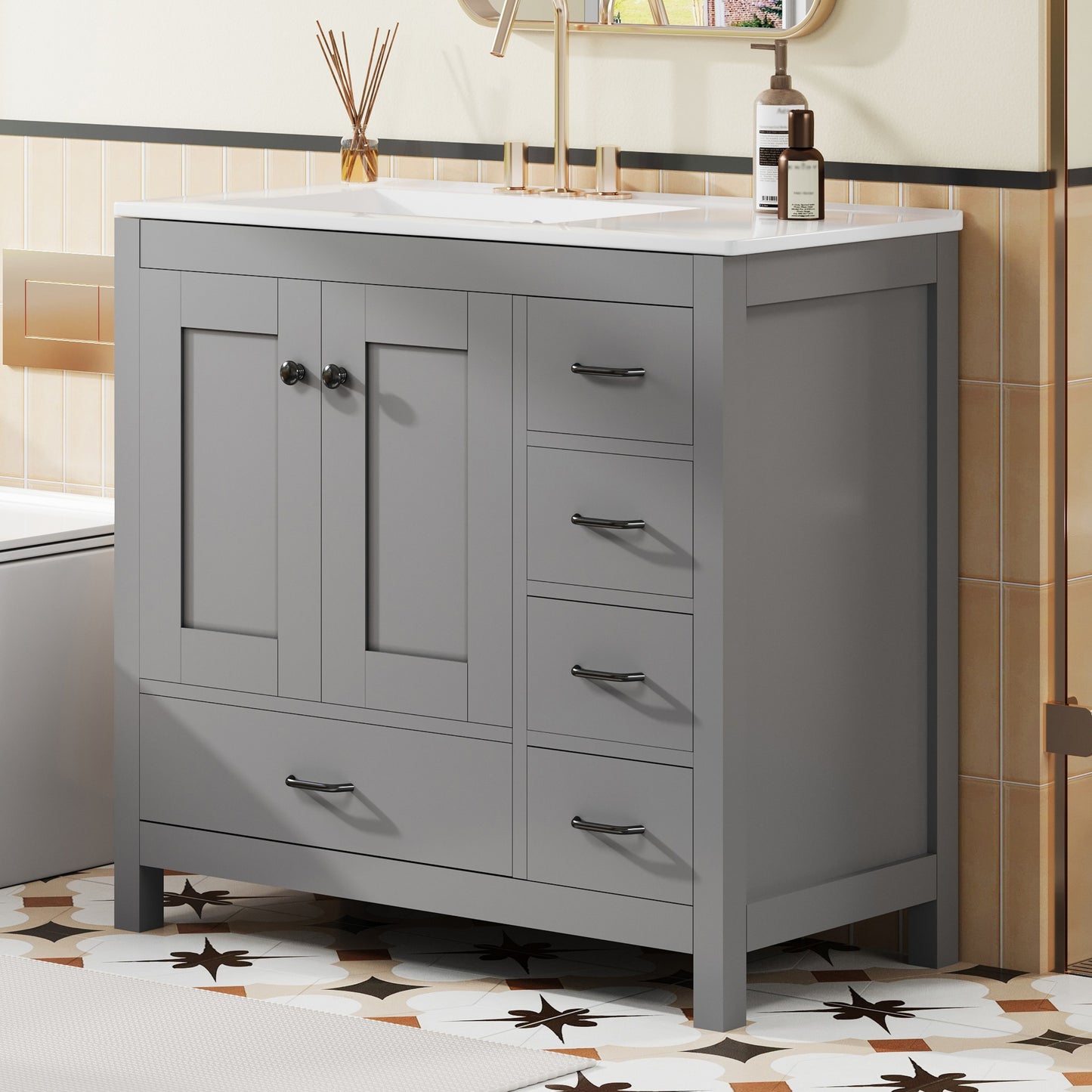 VanityFus 36-in Gray Bathroom Vanity White Single Sink Combo with Ceramic Top 2 Soft close doors 5 drawers