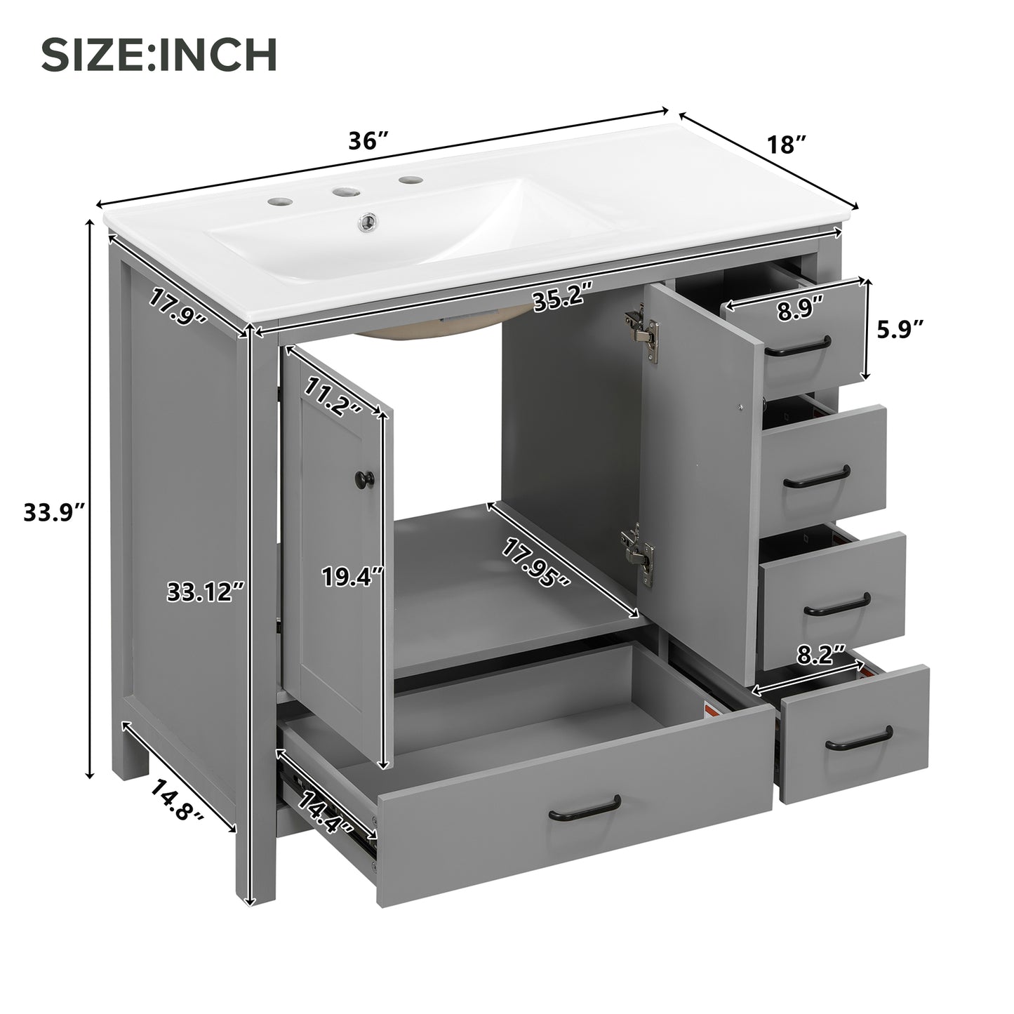 VanityFus 36-in Gray Bathroom Vanity White Single Sink Combo with Ceramic Top 2 Soft close doors 5 drawers