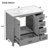 VanityFus 36-in Gray Bathroom Vanity White Single Sink Combo with Ceramic Top 2 Soft close doors 5 drawers