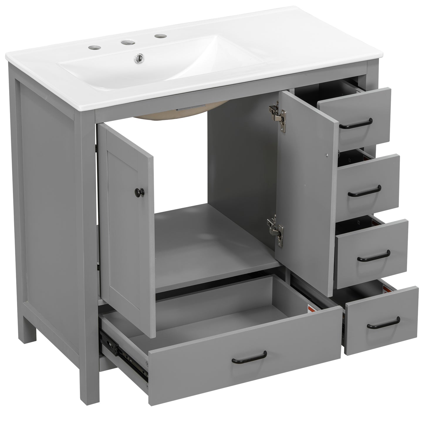 VanityFus 36-in Gray Bathroom Vanity White Single Sink Combo with Ceramic Top 2 Soft close doors 5 drawers
