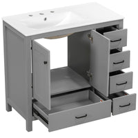 VanityFus 36-in Gray Bathroom Vanity White Single Sink Combo with Ceramic Top 2 Soft close doors 5 drawers
