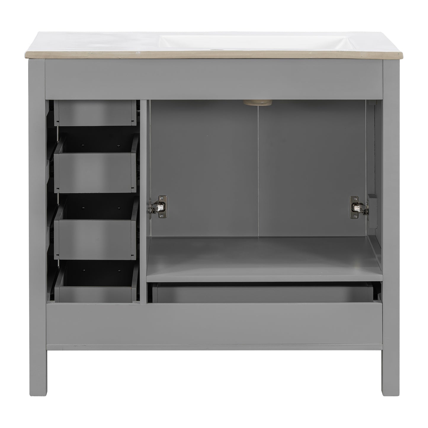 VanityFus 36-in Gray Bathroom Vanity White Single Sink Combo with Ceramic Top 2 Soft close doors 5 drawers
