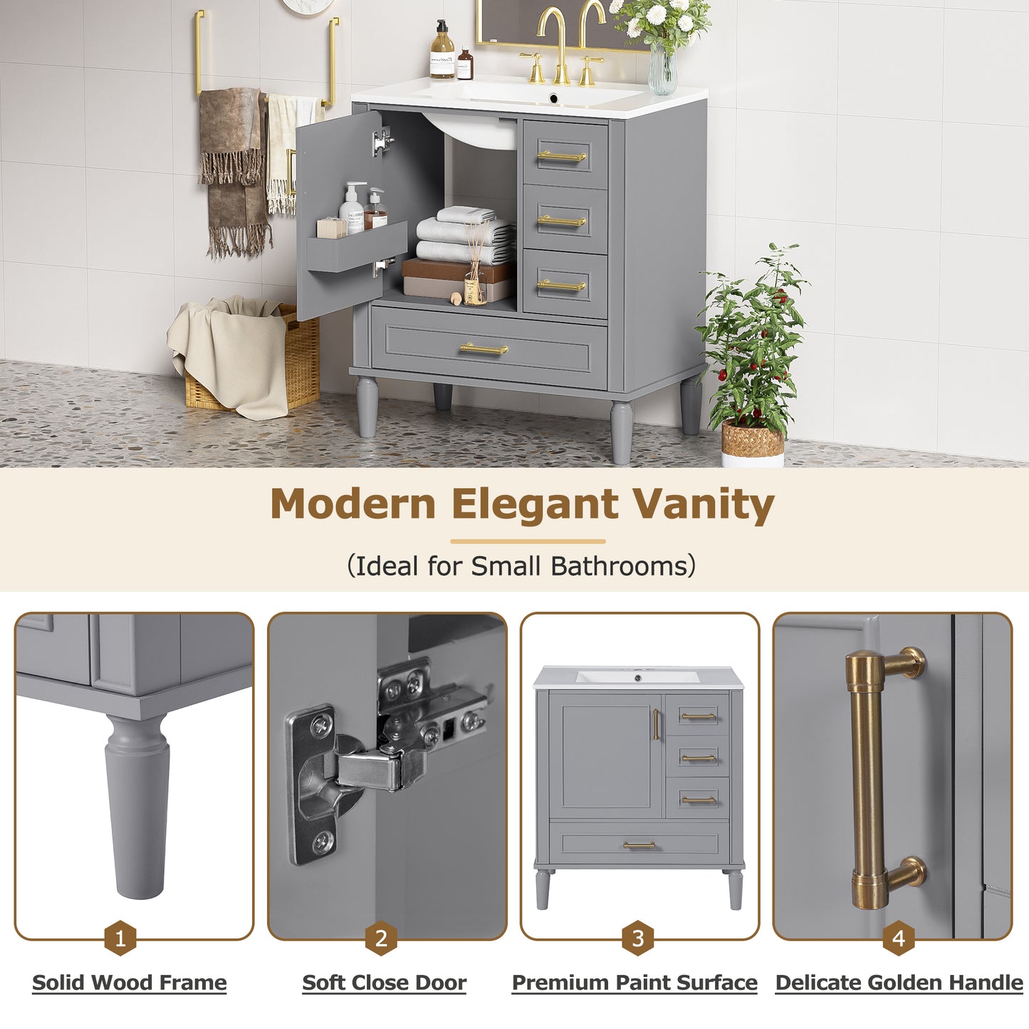 VanityFus 30-in Bathroom Vanity Gray Single Sink Combo Ceramic Top 1 Soft-Close Doors 3 Drawer