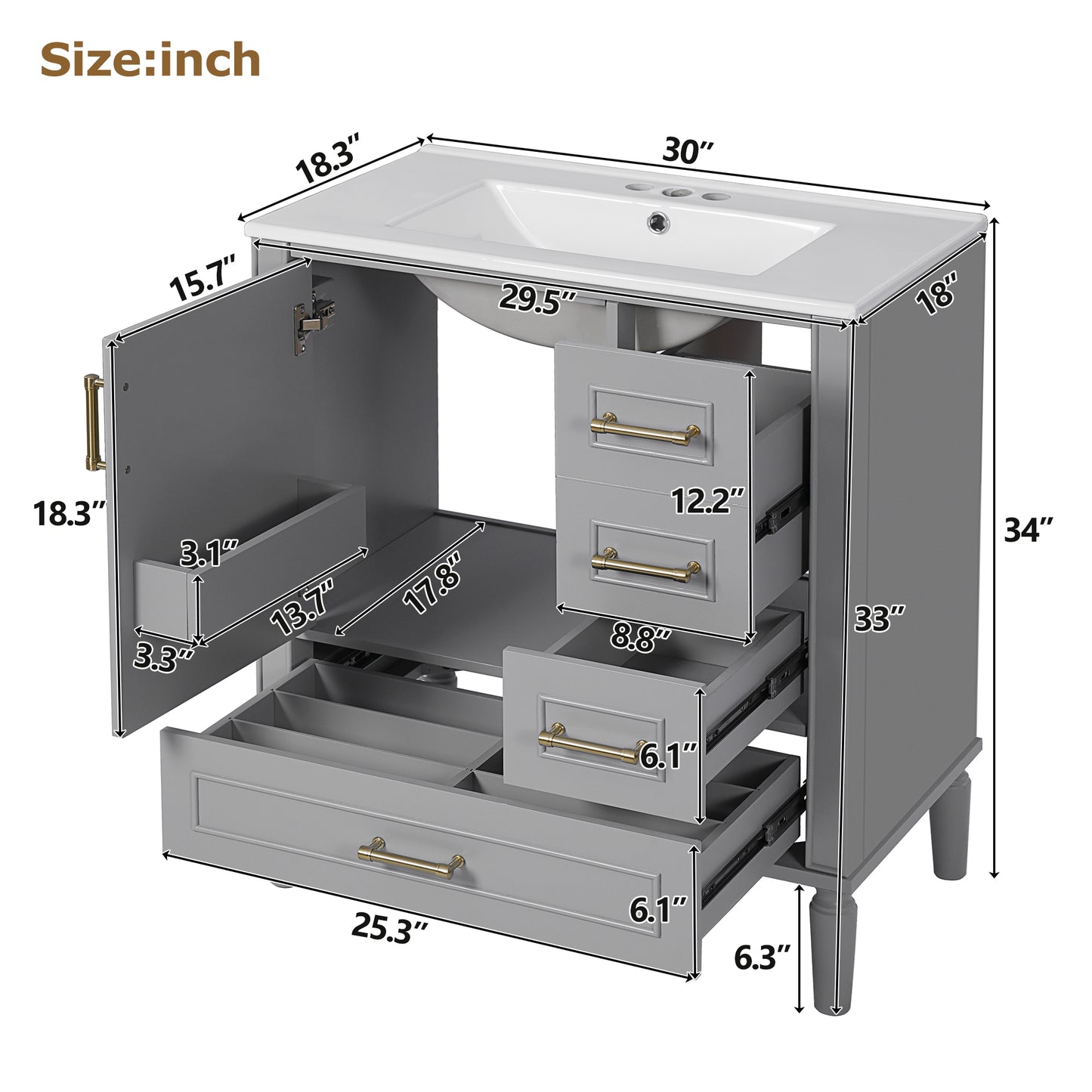 VanityFus 30-in Bathroom Vanity Gray Single Sink Combo Ceramic Top 1 Soft-Close Doors 3 Drawer