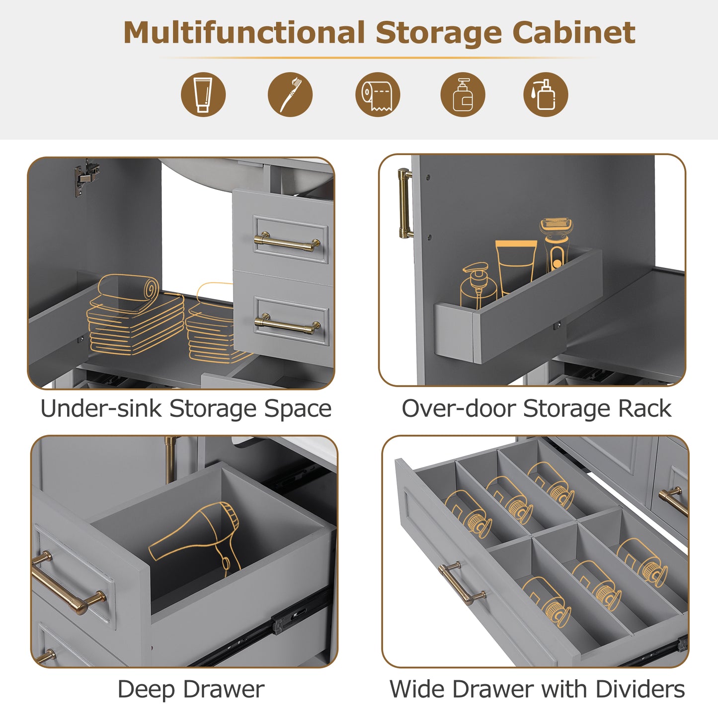 VanityFus 30-in Bathroom Vanity Gray Single Sink Combo Ceramic Top 1 Soft-Close Doors 3 Drawer