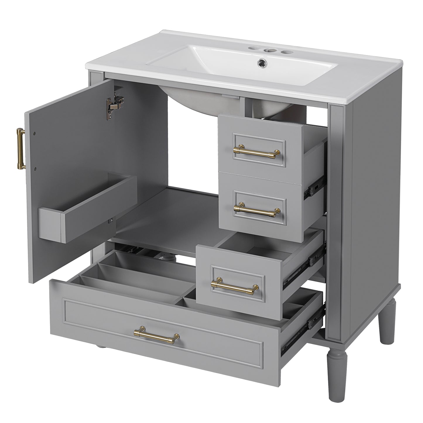 VanityFus 30-in Bathroom Vanity Gray Single Sink Combo Ceramic Top 1 Soft-Close Doors 3 Drawer