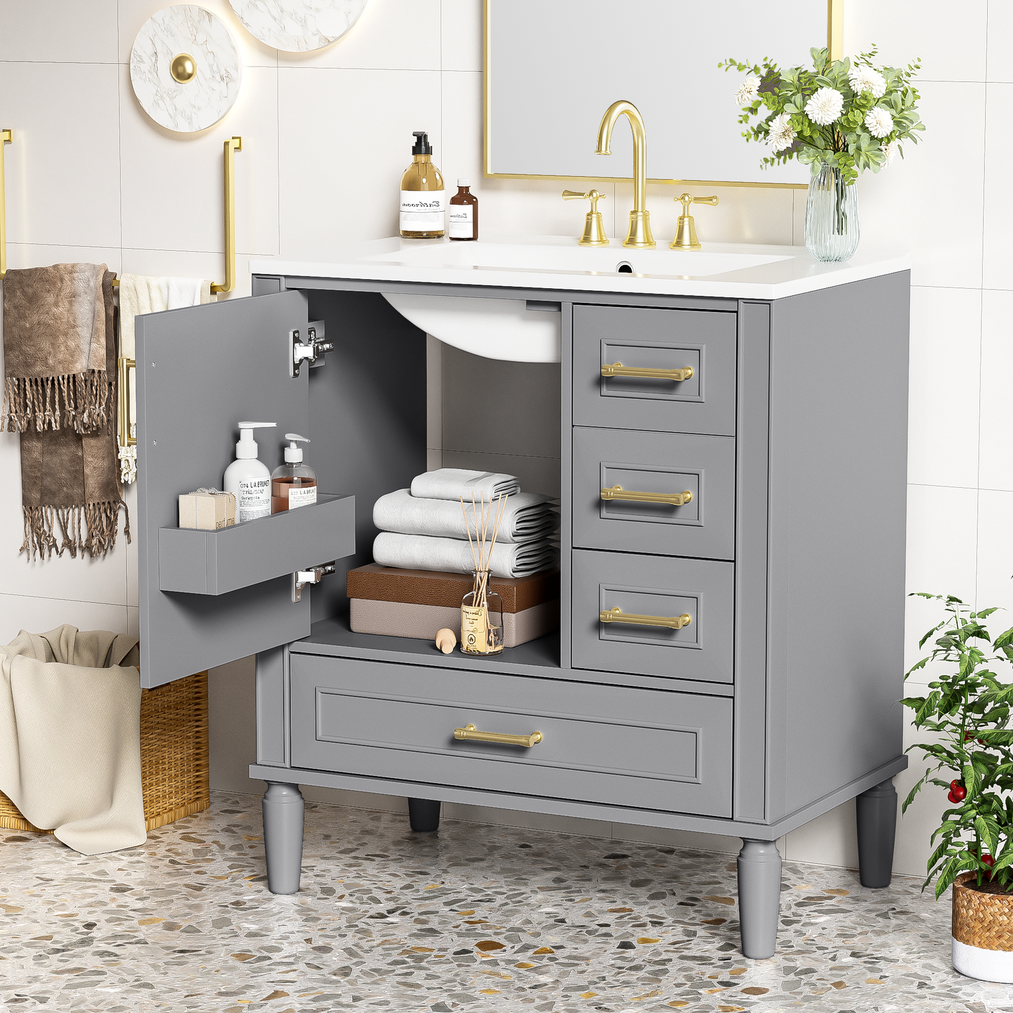 VanityFus 30-in Bathroom Vanity Gray Single Sink Combo Ceramic Top 1 Soft-Close Doors 3 Drawer