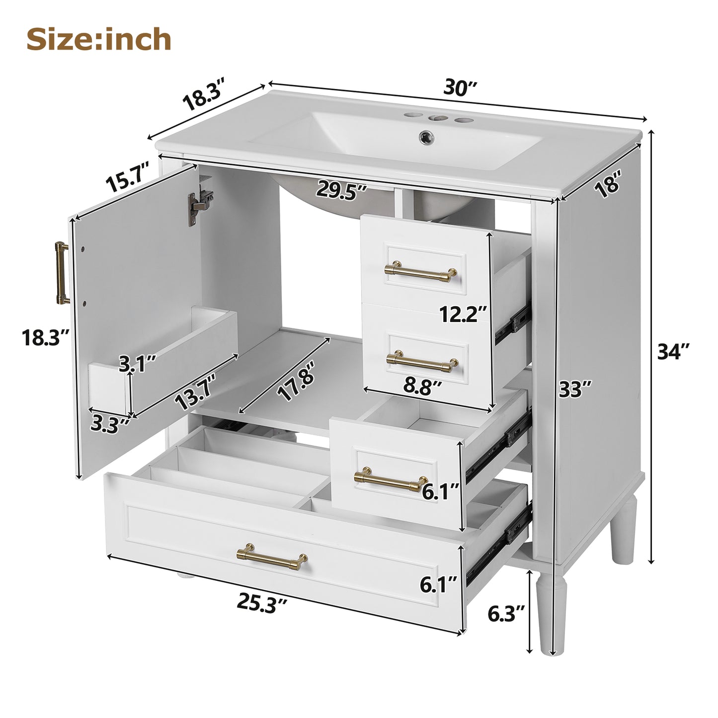 VanityFus 30-in Bathroom White Vanity Single Sink Combo Ceramic Top 1 Soft-Close Doors 3 Drawer